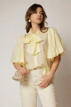 Bluza galbena cu dungi din tencel cu maneci bufante si guler funda imagine