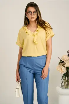 Bluza galbena din viscoza lejera cu volanas la decolteu imagine