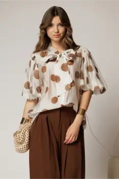 Bluza ivoar cu buline mari din tencel cu maneci bufante si guler funda imagine