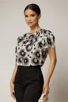Bluza ivoar cu flori gri din viscoza cu funda la decolteu si volanas imagine