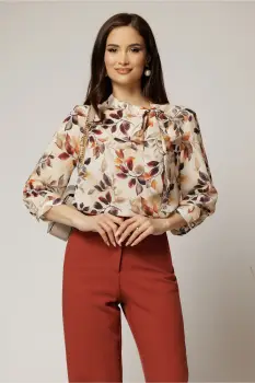 Bluza ivoar cu funda la decolteu si imprimeu in nuante de maro imagine