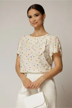 Bluza ivoar cu imprimeuri colorate din viscoza cu funda la decolteu si volanas imagine