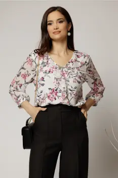 Bluza ivoar cu imprimeuri magenta si volan pe bust imagine