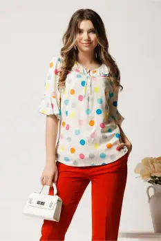 Bluza ivory din viscoza lejera cu buline colorate si volnas la decolteu imagine