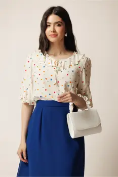 Bluza ivory din viscoza lejera cu imprimeu colorat si volnas la decolteu imagine