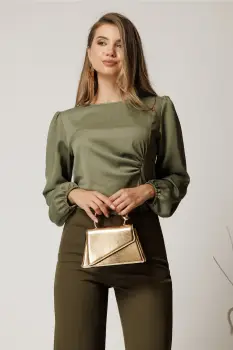 Bluza kaki din crep cu fronseu in talie imagine