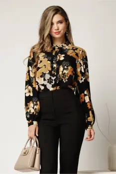 Bluza lejera neagra din viscoza cu flori maro si nasturi pe bust imagine