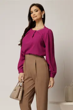 Bluza magenta din voal plin cu perle la decolteu si pliuri imagine