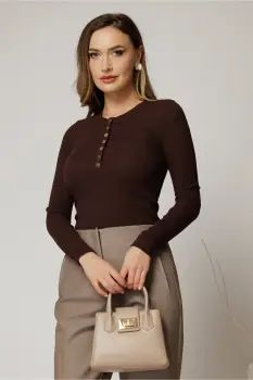 Bluza maro din bumbac croi mulat cu maneca lunga imagine