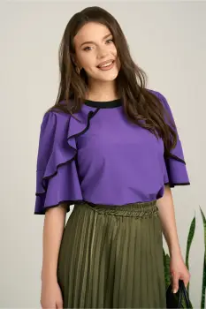 Bluza mov din viscoza cu volane la maneci imagine