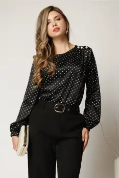 Bluza neagra cu buline eleganta din voal satinat cu perle pe umar imagine