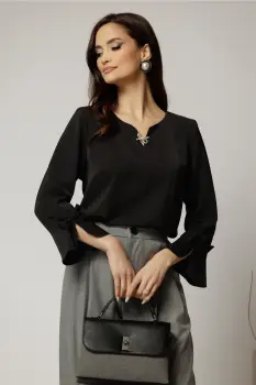 Bluza neagra din voal cu funde la maneci si brosa la decolteu imagine