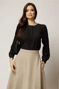 Bluza neagra din voal plin cu perle la decolteu si pliuri imagine