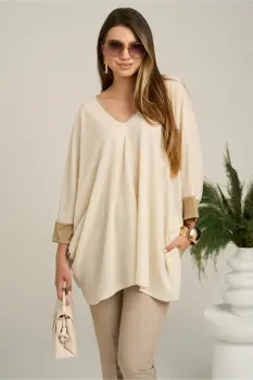 Bluza oversize ivory cu mansete aurii imagine