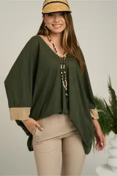 Bluza oversize kaki cu mansete aurii imagine