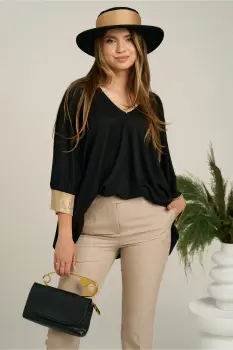 Bluza oversize neagra cu mansete aurii imagine