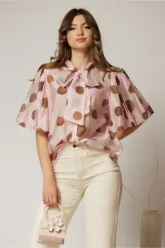 Bluza roz cu buline mari din tencel cu maneci bufante si guler funda imagine
