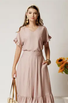 Bluza roz din rayon cu croi drept si volanase la maneci imagine