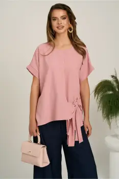 Bluza roz din viscoza oversized cu funda in talie imagine