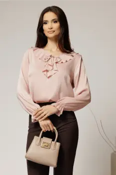 Bluza roz eleganta cu volanase si snur la decolteu imagine