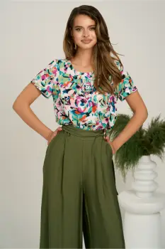 Bluza verde cu imprimeu fucsia din viscoza lejera cu floare la bust imagine
