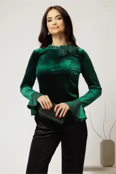 Bluza verde din catifea cu detaliu floral si guler incretit imagine