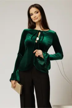 Bluza verde din catifea cu maneci clopot snur si nasturi la decolteu imagine