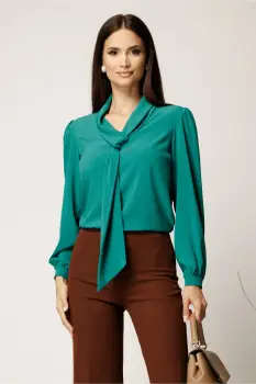 Bluza verde din voal cu croi cambrat si guler tip esarfa imagine