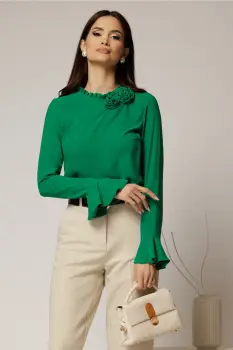 Bluza verde din voal plin cu detaliu floral la guler si gulerul incretit imagine