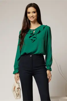 Bluza verde eleganta cu volanase si snur la decolteu imagine