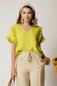 Bluza verde lime din rayon cu croi drept si volane la maneci imagine