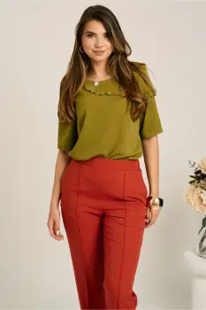 Bluza verde olive din viscoza lejera cu volanas pe bust imagine