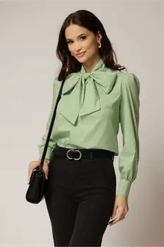 Bluza vernil din poplin cu esarfa tip funda la gat imagine