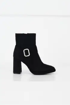 Botine elegante din piele intoarsa ecologica negre cu catarama imagine