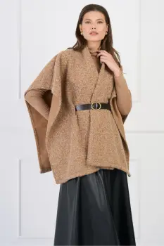 Capa eleganta din bucle maro cu croi lejer si curea in talie imagine