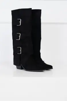 Cizme lungi din piele ecologica intoarsa negre cu catarame imagine