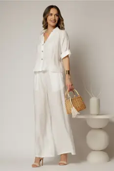Compleu alb de vara din camasa si pantaloni din viscoza creponata imagine