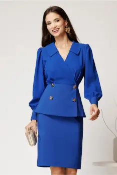 Compleu albastru din stofa cu sacou si fusta imagine