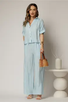 Compleu bleu de vara din camasa si pantaloni din viscoza creponata imagine