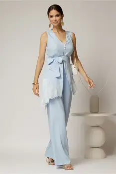 Compleu bleu din viscoza cu vesta cu aplicatii din dantelasi pantaloni imagine