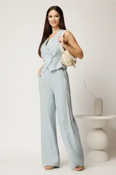 Compleu bleu din viscoza si adaos de in cu vesta cambrata si pantaloni lejeri imagine