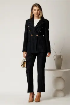 Compleu bleumarin cu dungi din stofa cu sacou si pantaloni imagine