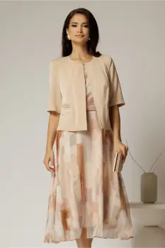Compleu dama bej din sacou si rochie cu imprimeuri imagine