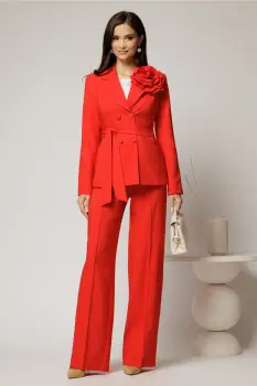 Compleu dama corai cu brosa florala detasabila format din sacou si pantalon imagine