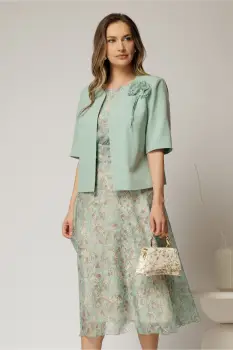 Compleu dama verde mint rochie cu imprimeuri si sacou imagine
