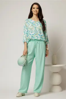 Compleu din viscoza cu pantaloni si bluza cu print menta imagine