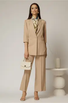 Compleu DY Fashion bej din sacou si pantalon imagine