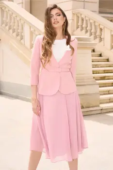 Compleu DY Fashion elegant roz cu fusta din voal si sacou din stofa imagine