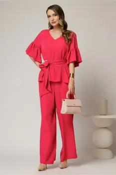 Compleu DY Fashion fucsia de zi din bluza si pantalon cu adaos de viscoza si croi lejer imagine