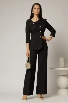 Compleu DY Fashion negru din sacou cu funda si nasturi perla si pantaloni imagine
